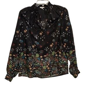 MANOUSH Black Floral Ruffle Neck Long Sleeve Blouse Top Size 4 MH6AVTO